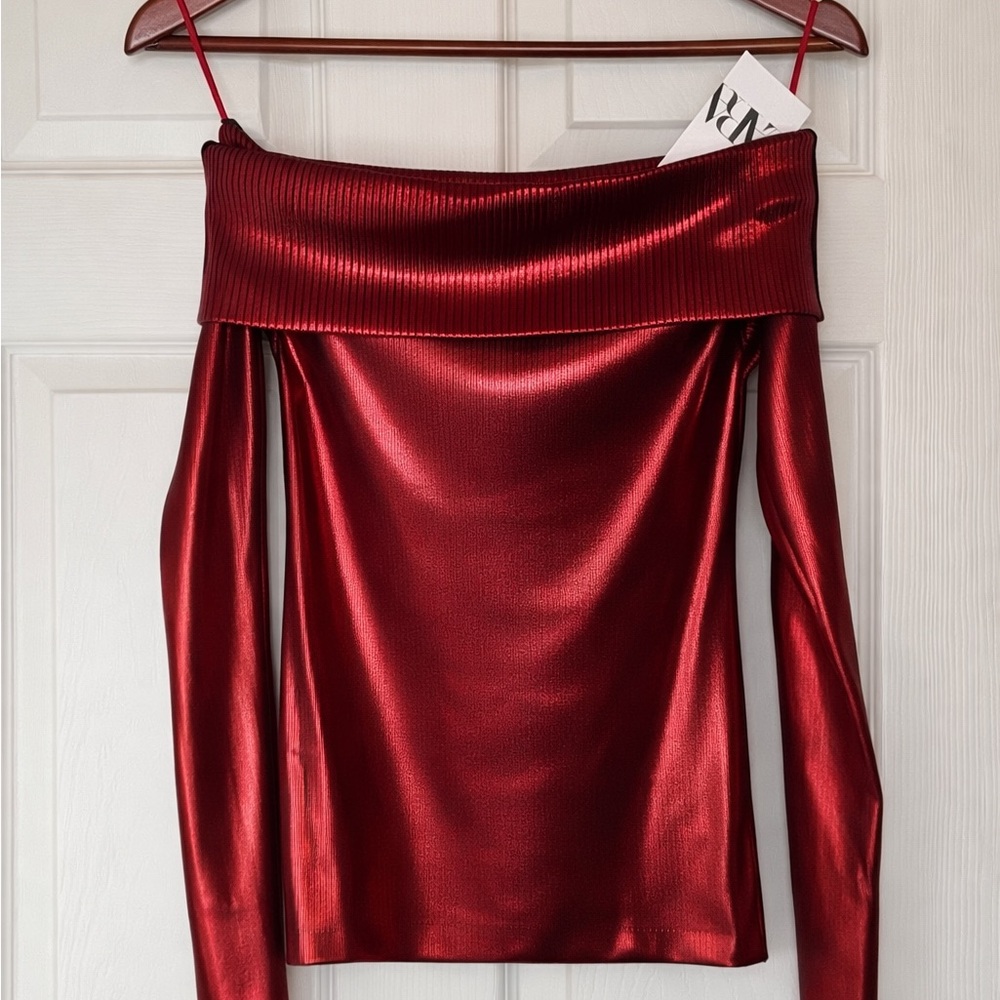 NWT - Zara Red Long Sleeve Off-Shoulder Top